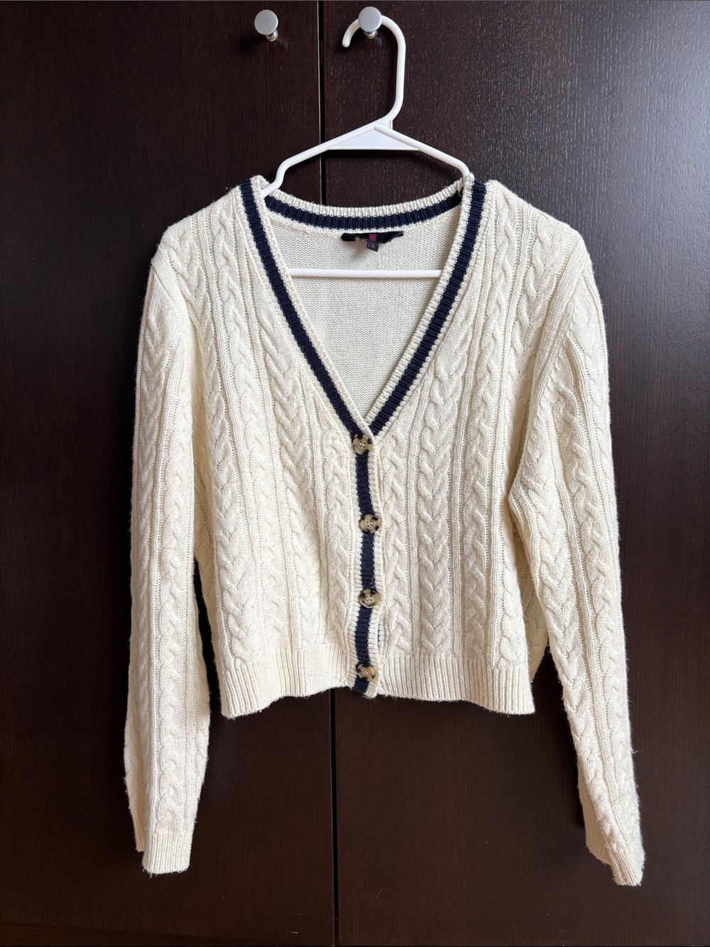 NOBO Cream Cable Knit Cardigan with Navy Trim
